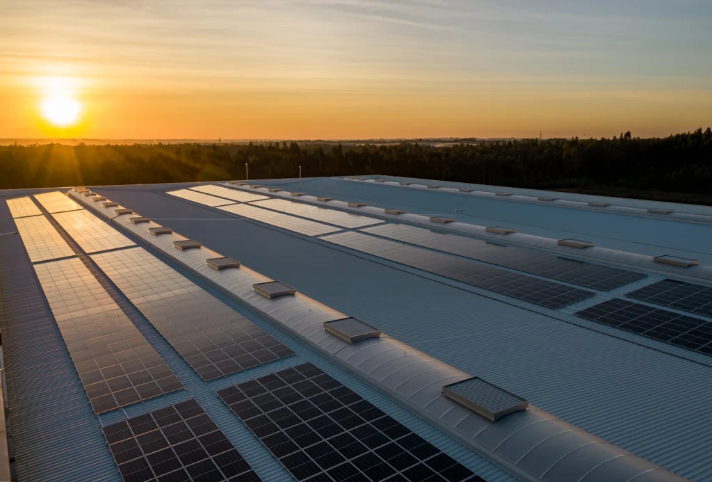 Pannelli fotovoltaici su una copertura al tramonto